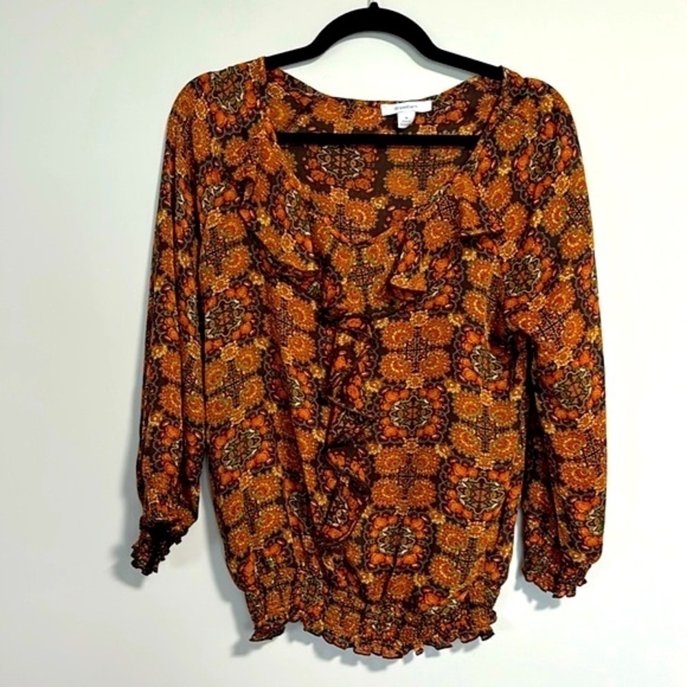 Dress Barn Smocked V-Neck Front Ruffle Top Medium Colour Orange/Brown